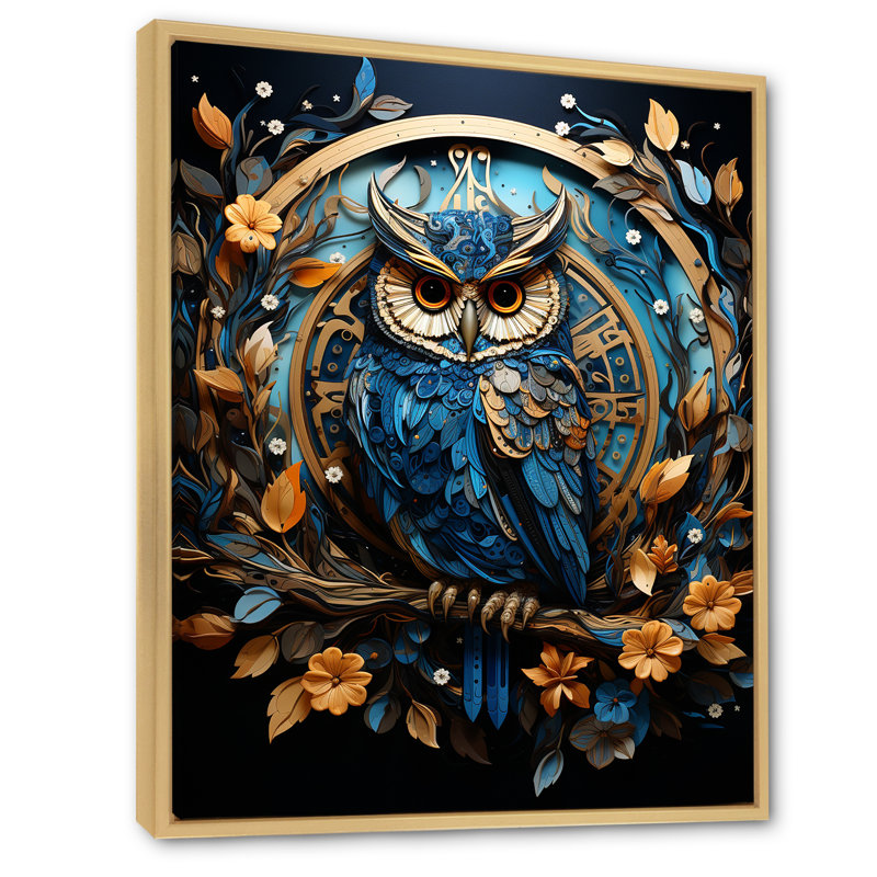 Représentation fantastique d'un hibou enchanté, Cadre naturel flottant, H 32 po x l 24 po x P 1 po