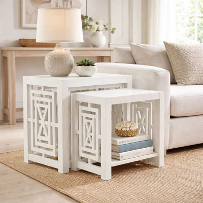 Sumo 2Pc Nesting Stool Set, Rectangular Top, Lattice Cutout Sides, White