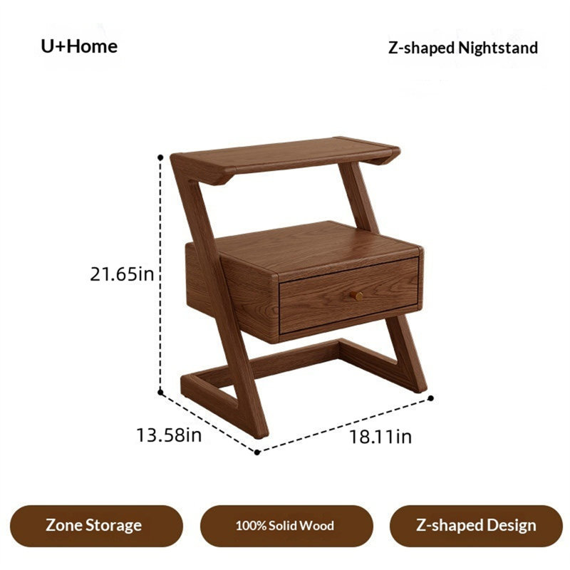 Z-shaped Solid Wood Bedside Table, Bedroom Storage Unit, Sofa Side Table, Dark Walnut