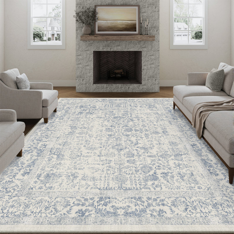 Tapis vintage lavable à la machine avec envers antidérapant Kitty, Bleu, 0.28", Rectangle 9 pi x 12 pi