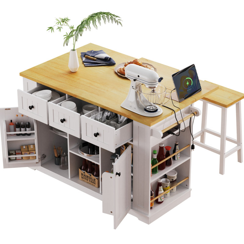 Grand îlot de cuisine de 53 pouces avec 2 tabourets de bar, prise de courant, support de rangement interne pour porte, chariot de rangement de cuisine sur 5 roulettes avec abattant, 5 supports latéraux ouverts, 3 tiroirs, pour la cuisine, la salle à manger, blanc
