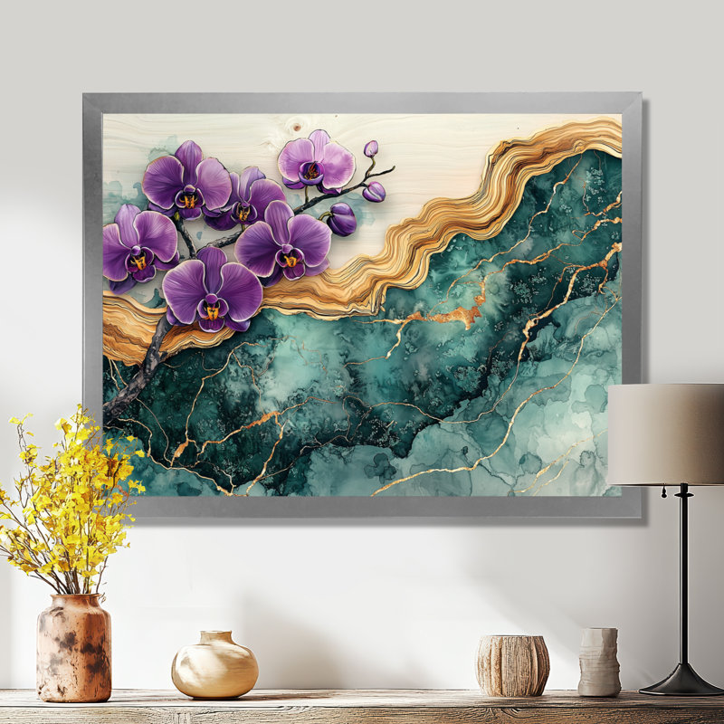 Lavande orchidées fleurs sur émeraude géode IV - art mural orchidée, H 30 po x l 40 po, Argent argent