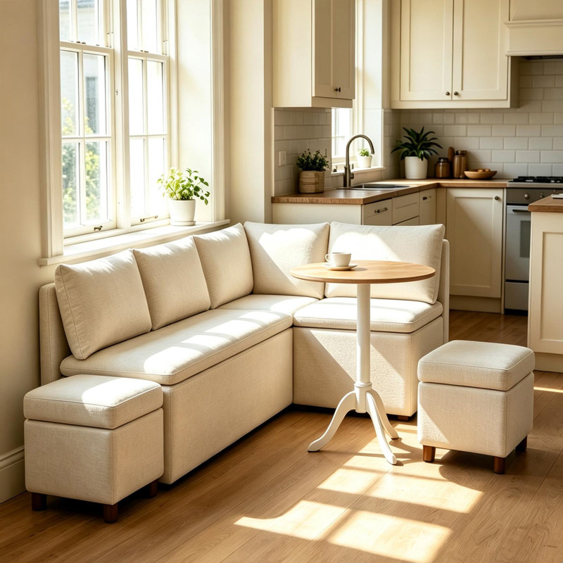 Banc de salle à manger en L rembourré avec rangement, Beige