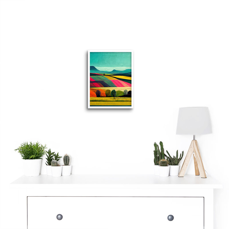 Colourful Bright Countryside Fields Landscape - Print, White Framed Paper, 25.9cm H x 20.6cm W