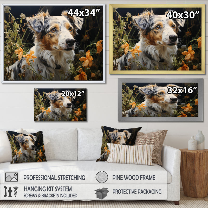 Dog Inquisitive Canine Pastoral - Imprimé, Cadre simple noir, H 12 po x l 20 po x P 1 po