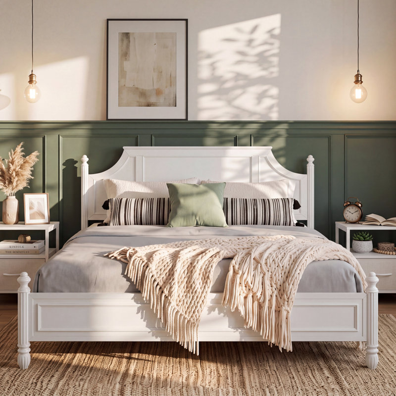 Lit plateforme traditionnel en bois Clyden avec tête de lit à panneaux sculptés, montants cannelés et moulures classiques pour une chambre à l'ambiance feutrée