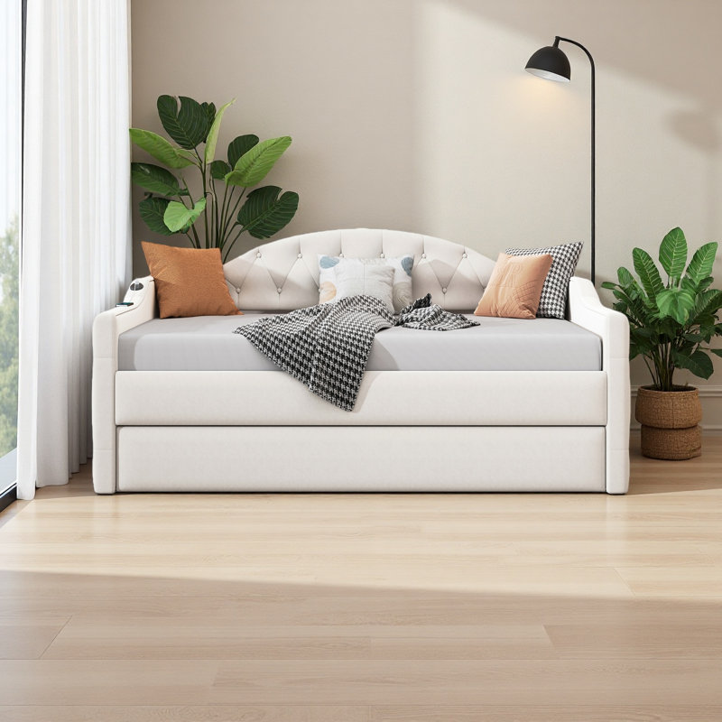 Twin Size Tufted Upholstered Daybed With Trundle, Beige
