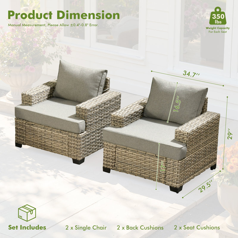 All-Weather Wicker Outdoor Lounge Chair With Cushions (Set Of 2), Dark Gray