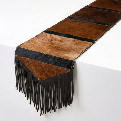 Chemin de table tricolore en cuir de vache véritable - 183 cm x 30 cm