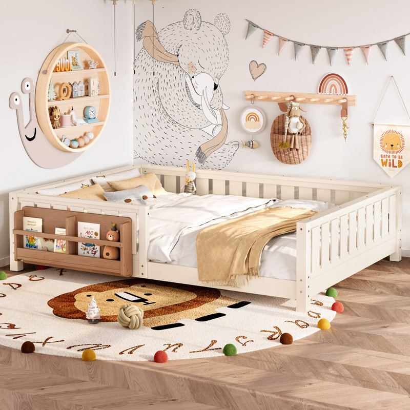 Queen bed with built-in bookshelf and high-quality safety guardrail,Beige, Beige, Queen