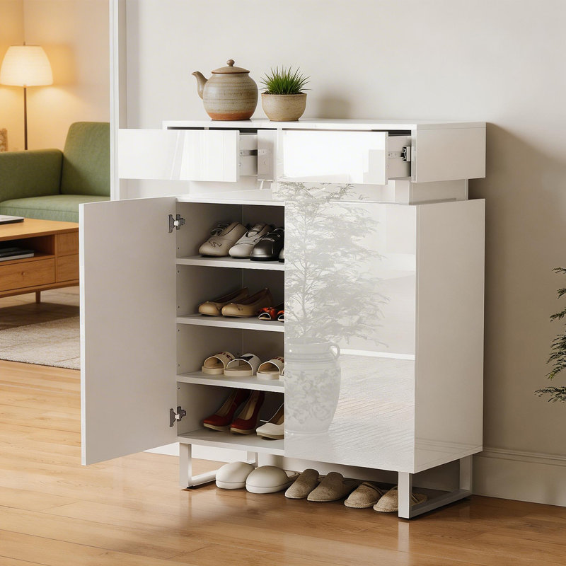 30.7" W High Gloss PET 2 Drawer 2 Door Shoe Cabinet With Light, White