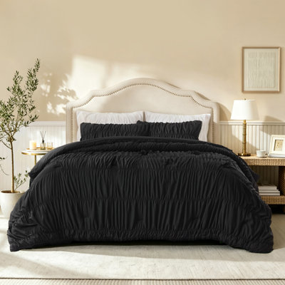 Ensemble d'édredon très grand noir ruché, ensembles de literie plissés 3 pièces, ensemble de lit léger à volants Boho pour enfants, toutes saisons