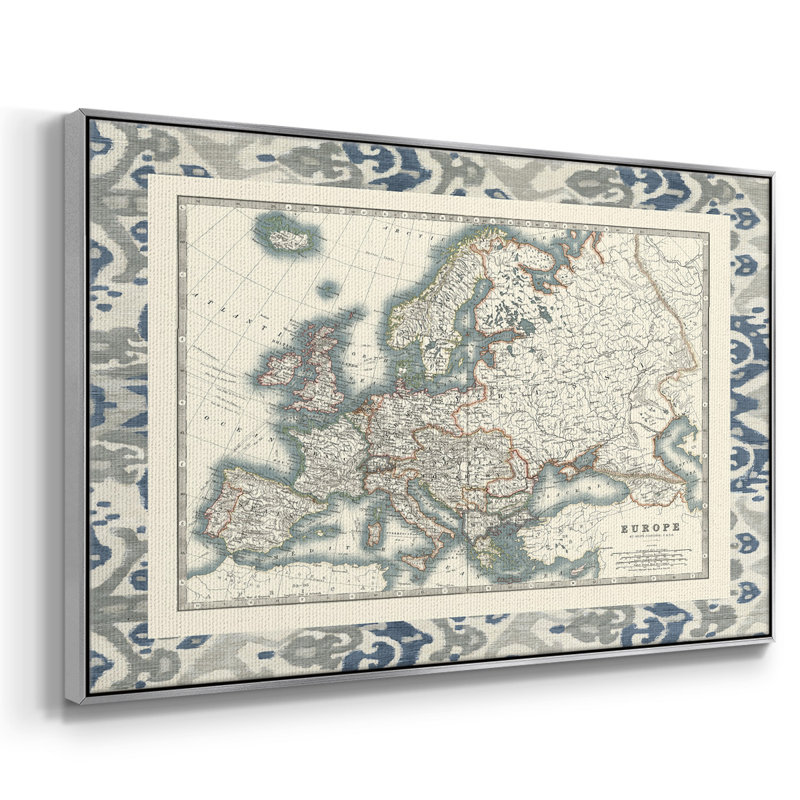 Bordé carte de l'Europe, peinture sur toile encadrée, H 27 po x l 41 po x P 2 po, Encadrement argenté