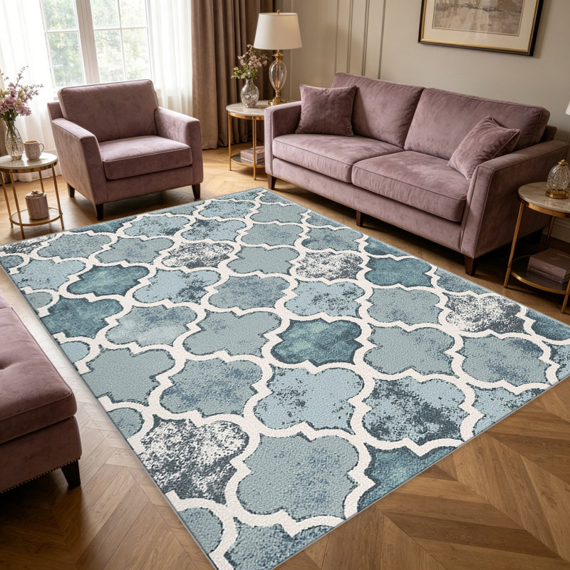 Distressed Trellis Blue carpet-easy to clean, machine-washable, soft and comfortable; suitable for door mats, kitchens, living rooms, bedrooms, corridors, and laundry areas. Easy to clean, durable carpet for home decoration.