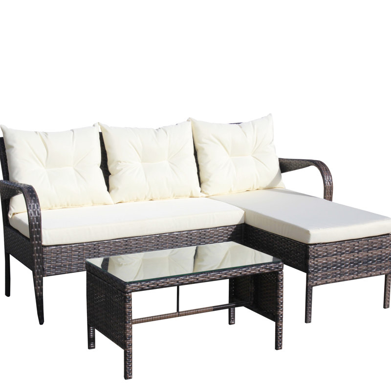 Outdoor 3 Patio Patio: Beige Cushions & Tempered Glass Coffee Table With Ring Holder : Sectional Seat - Robust 2 Seater, Reclining Lounger,