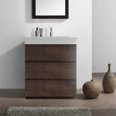 30"W Freestanding Walnut Bathroom Vanity with Sink Three Storage Drawers