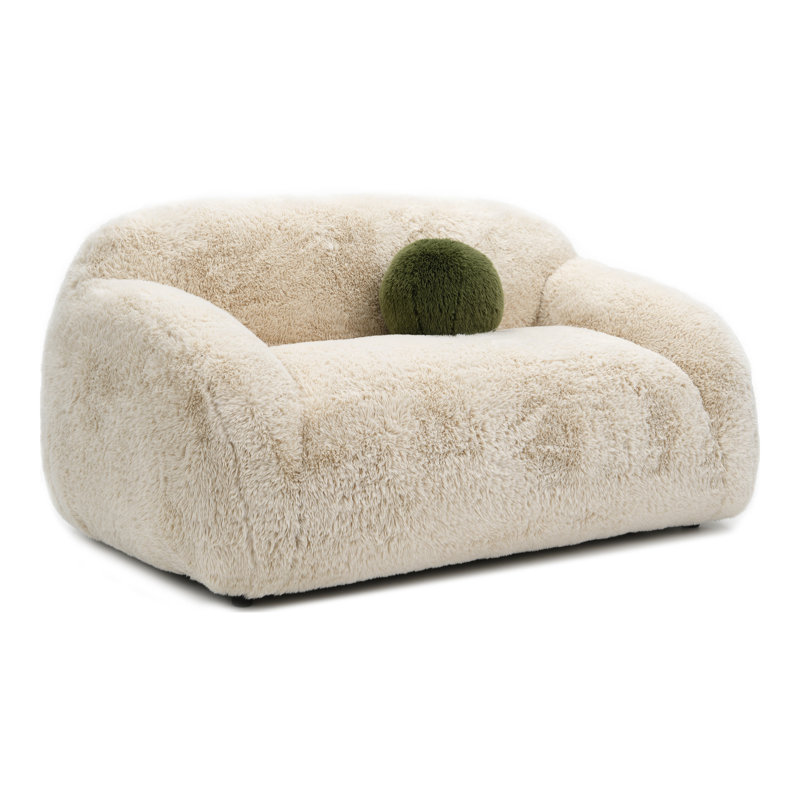 Leann Faux Fur Loveseat With Ball Pillow, Beige