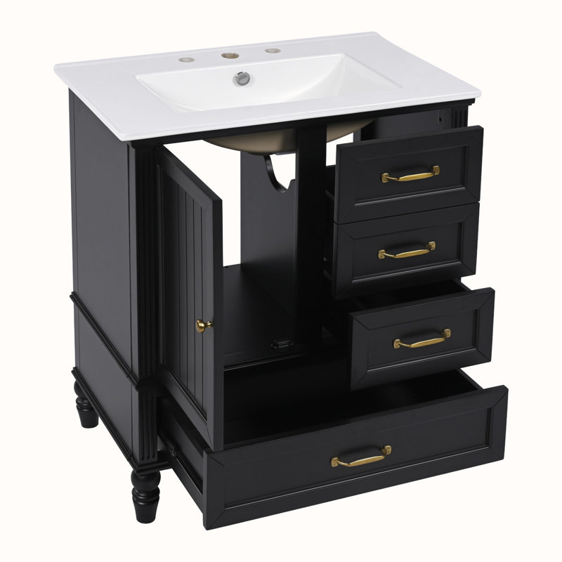 Meuble-lavabo avec lavabo et armoire avec tiroirs, Noir, noir, noir, noir, Doré