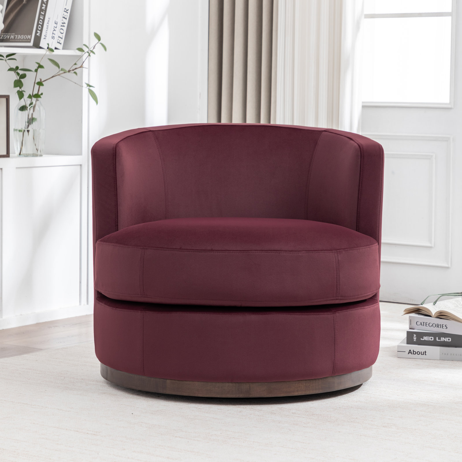 Arabella Swivel Barrel Chair, Merlot Rose Performance Mohair