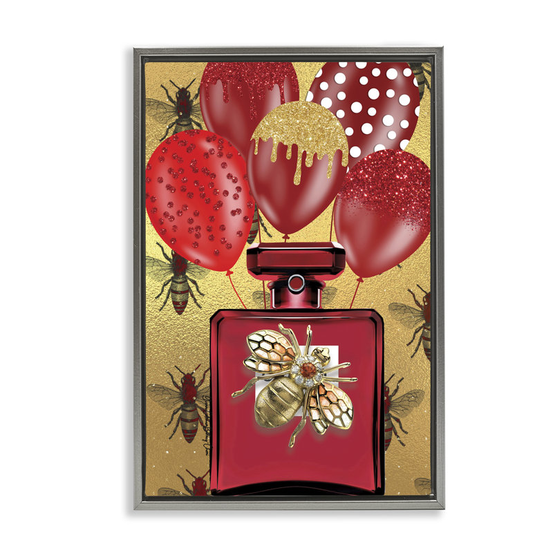Toile flottante «Glam Red Bee» par Yvonne Coleman Burney, Cadre flottant gris lustré, H 25 po x l 17 po