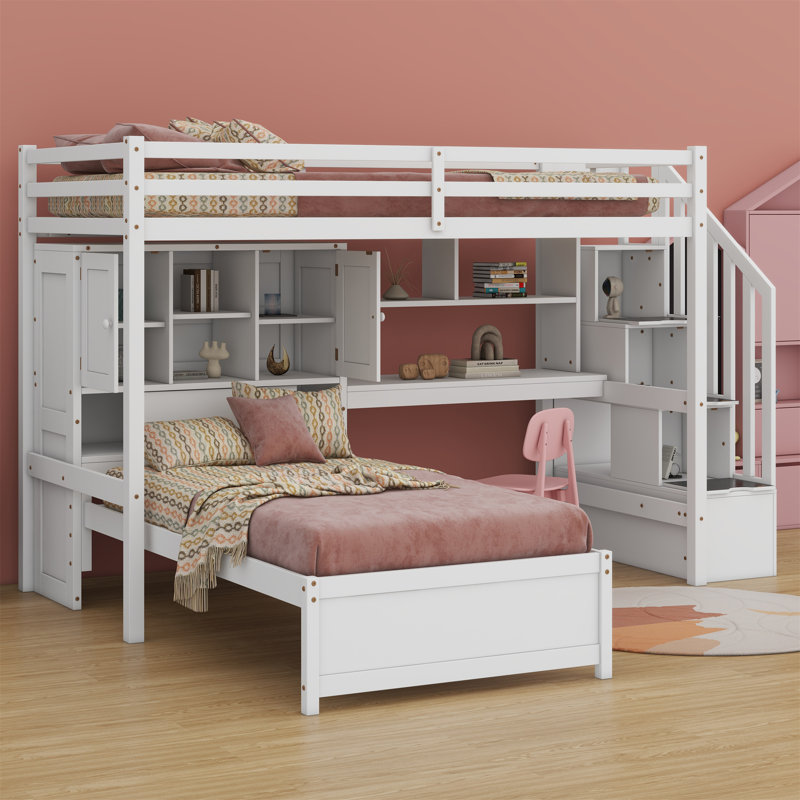 Lit mezzanine avec bureau intégré et escalier, avec compartiments de rangement et tablettes, Blanc