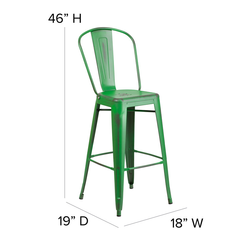 Commercial Grade Distressed Metal Indoor-Outdoor Counter Height Stool with Back, Bar Stool (30" Seat Height), Green