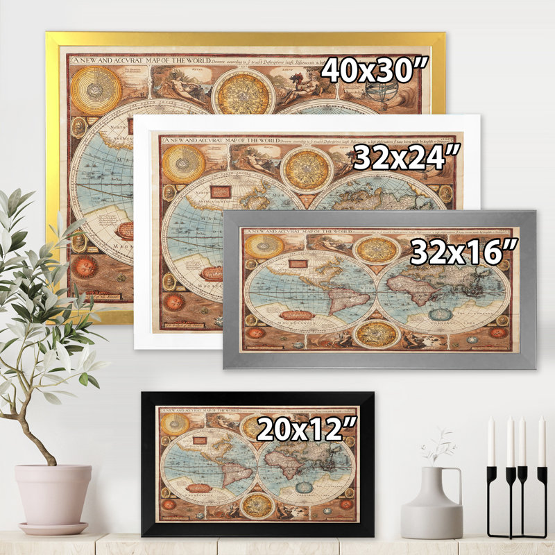 Ancienne carte du monde, reproduction d'art sur toile, H 16 po x l 32 po x p 1 po, Argent
