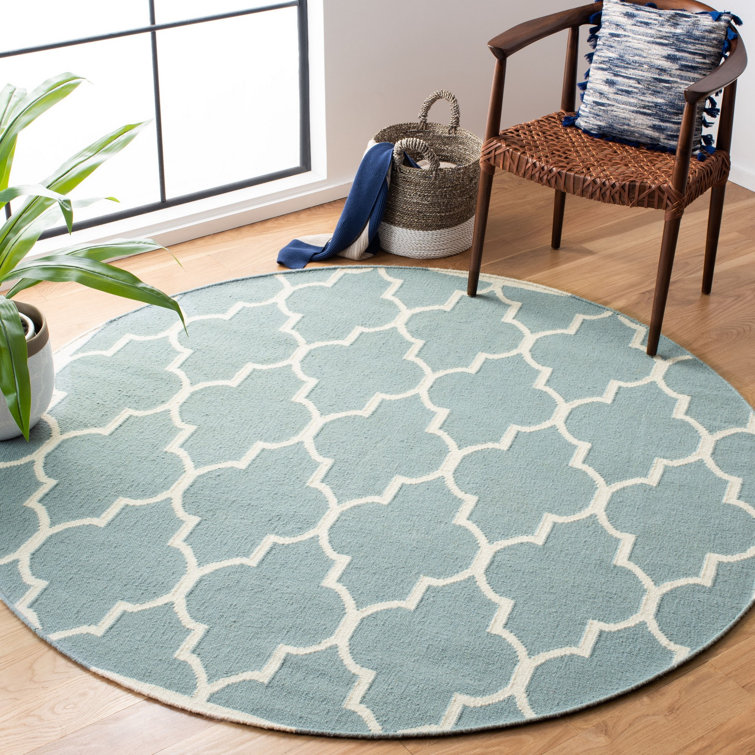 Rodgers Hand Woven Flat Weave Wool/Cotton Geometric Rug in Light Blue/Ivory