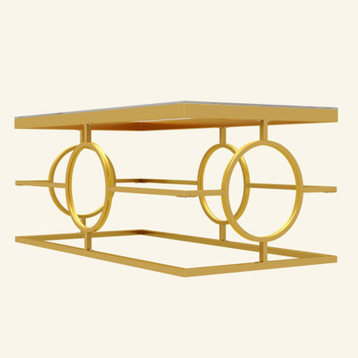 Modern Luxury Glass Coffee Table with Metal Frame, Rectangular Cocktail Table with Geometric Circle Base, Glam Center Table for Living Room