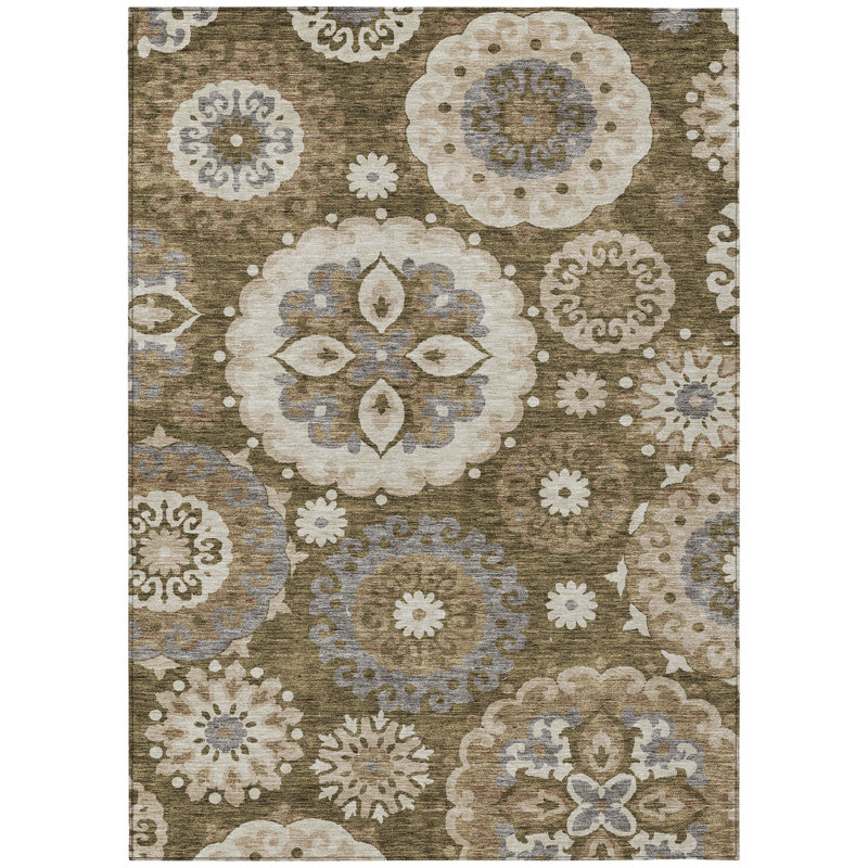 3' X 5' Brown Ivory And Beige Floral Medallion Washable Indoor Outdoor Area Rug
