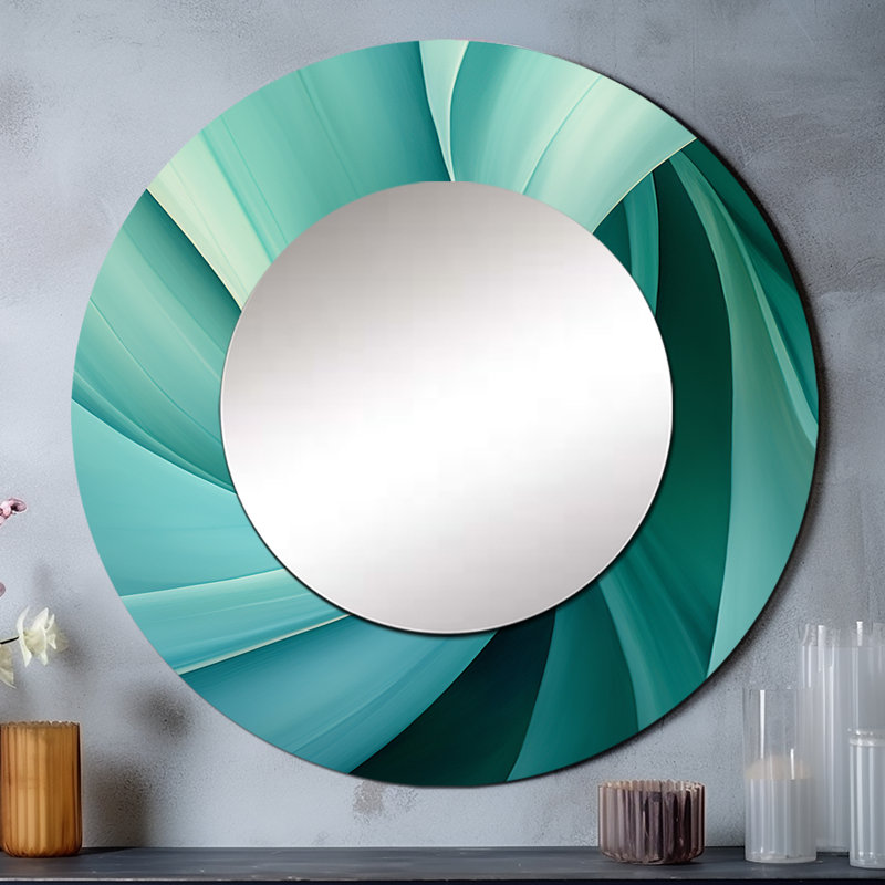Teal Twist Tranquility Spiral III - décor de miroir mural unique spirales abstraites, grand miroir rond bleu, impression d'art en métal