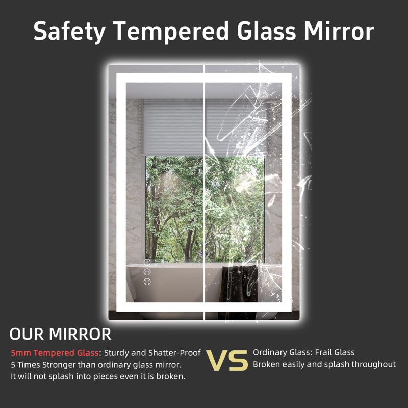 Miroir de salle de bain à DEL avec miroir de salle de bain en verre trempé, 28 po x 20 po