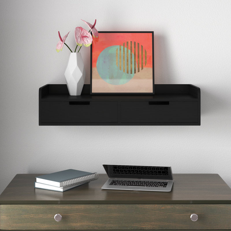 Casiano Solid Wood Floating Shelf with Drawer, Black