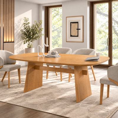 Modern Dining Table 82.7", Superellipse Oak Veneer Top & Solid Rubberwood Panel Legs, Seats 6 for Family Meals