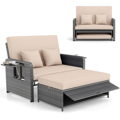Boden 65" W Wicker Patio Daybed with Ottoman and Side Trays