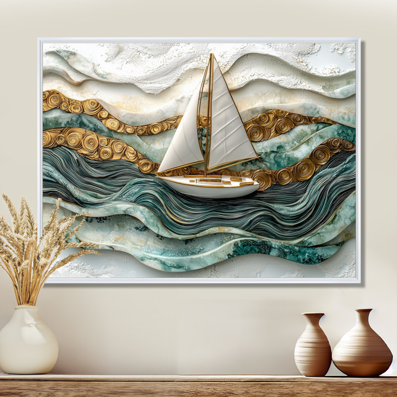 Voilier doré sur l'océan Emerald III - bateau, art mural, H 30 po x l 40 po, Reproduction avec cadre flottant, Blanc