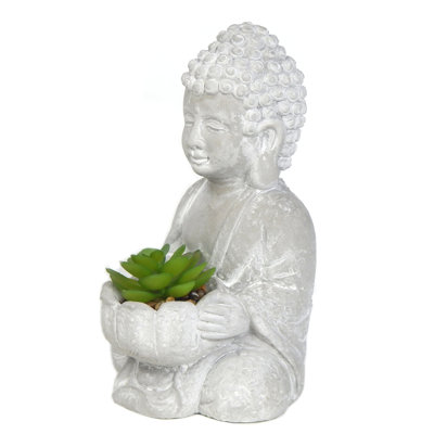 8 Inch Buddha Grey Cement Statue With Plant