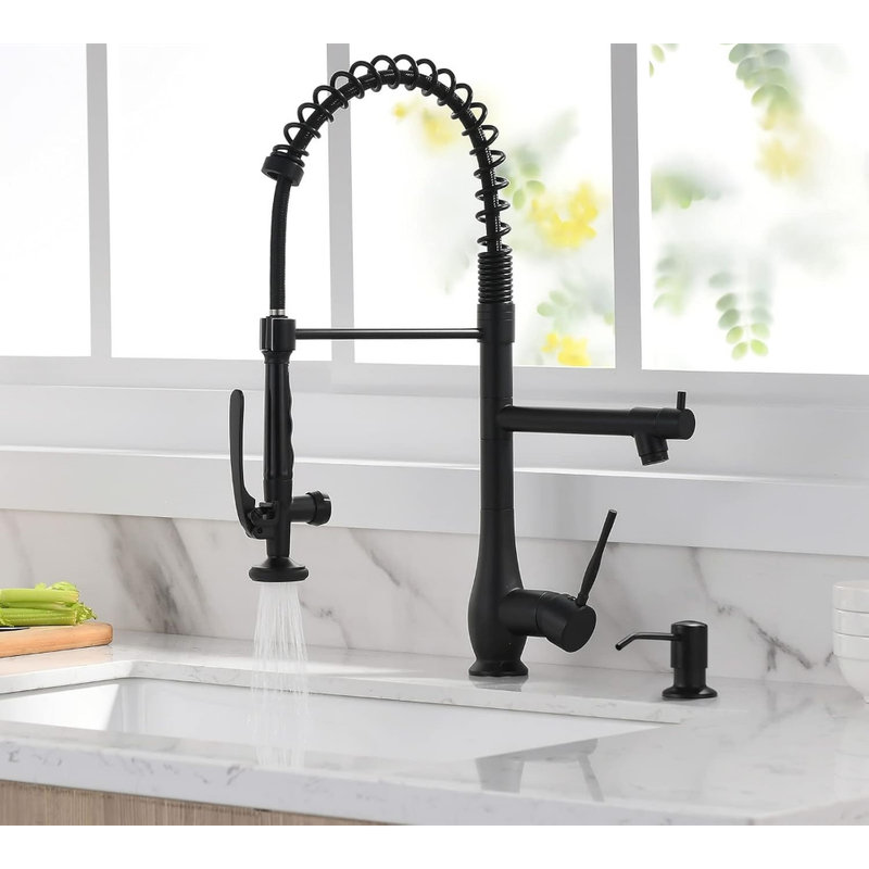 Commercial Kitchen Faucet with Pull Down Sprayer, Double Headed Single Handle High Pressure Kitchen Faucet with Soap Dispenser