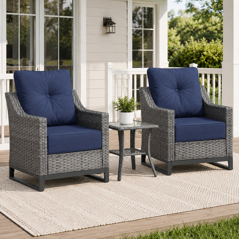 3 Piece Patio Furniture Set, Outdoor Conversation Set With 2 Wicker Armchairs And Glass Top Side Table, Pe Rattan Patio Chairs With 6 Inch Olefin Cushions, 350 Lbs Capacity For Porch, Balcony, Backyard, Deck, Grey/Blue