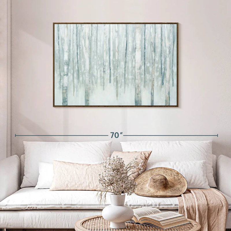 Bouleaux en bleu-gris d'hiver, 43 po x 29 po, Cadre flottant en noyer