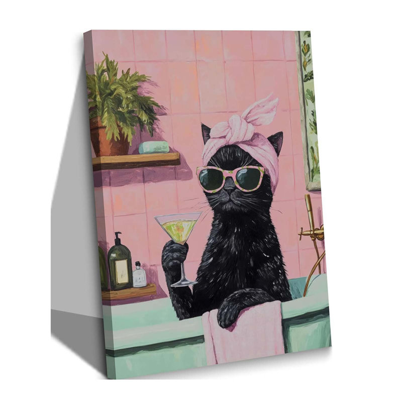 Funny Bathroom Black Cat Canvas Wall Art Cute Cat In Bathtub Poster Print Whimsical Animal Painting Pink Trendy Bathroom Picture Artwork Wall Decor For Bedroom Living Room Toilet Framed