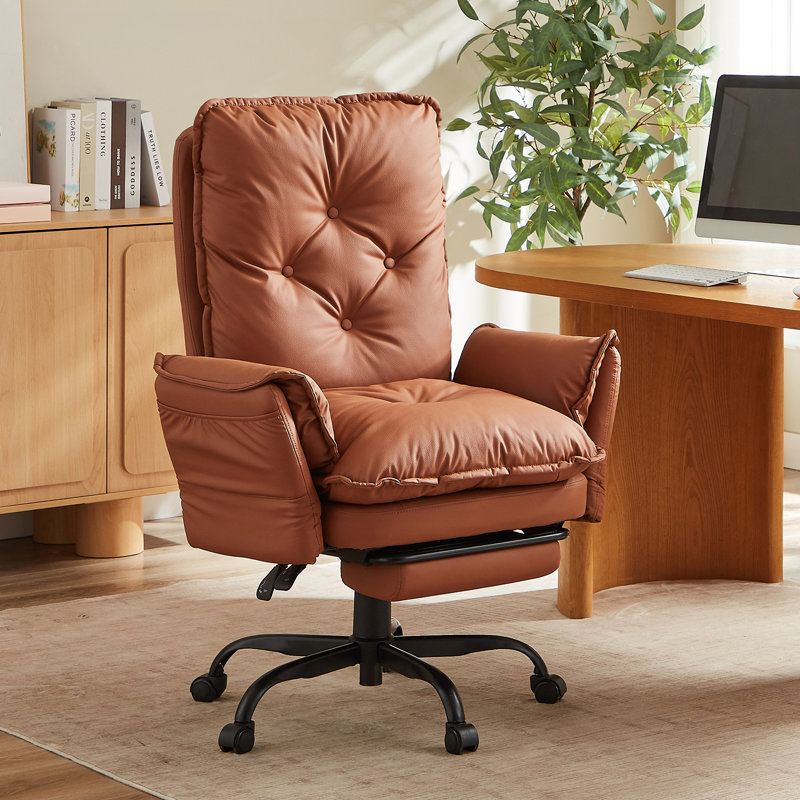 Cross Legged Home Office Chair with Footrest and Reversible Armrests for PU Leather, Brown, Black