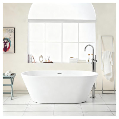 Baignoire autoportante en acrylique blanc brillant de 150 cm (59 po) avec trop-plein chromé et bonde rétractable