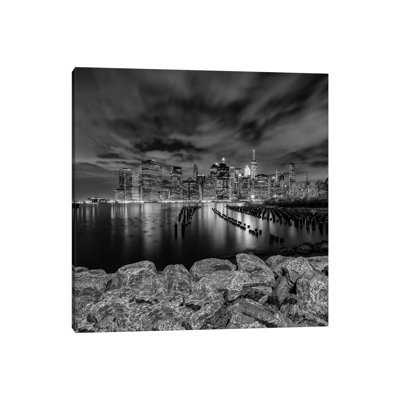 Manhattan Skyline Evening Atmosphere In New York City | Monochrome by Melanie Viola - Wrapped Canvas Print