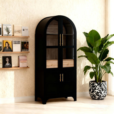 Grand garde-manger arqué de 71 po avec tablettes de porte, armoire de rangement de style campagnard avec tablettes ouvertes et réglables, tiroir caché et porte vitrée, armoire de cuisine, salle à manger, noir