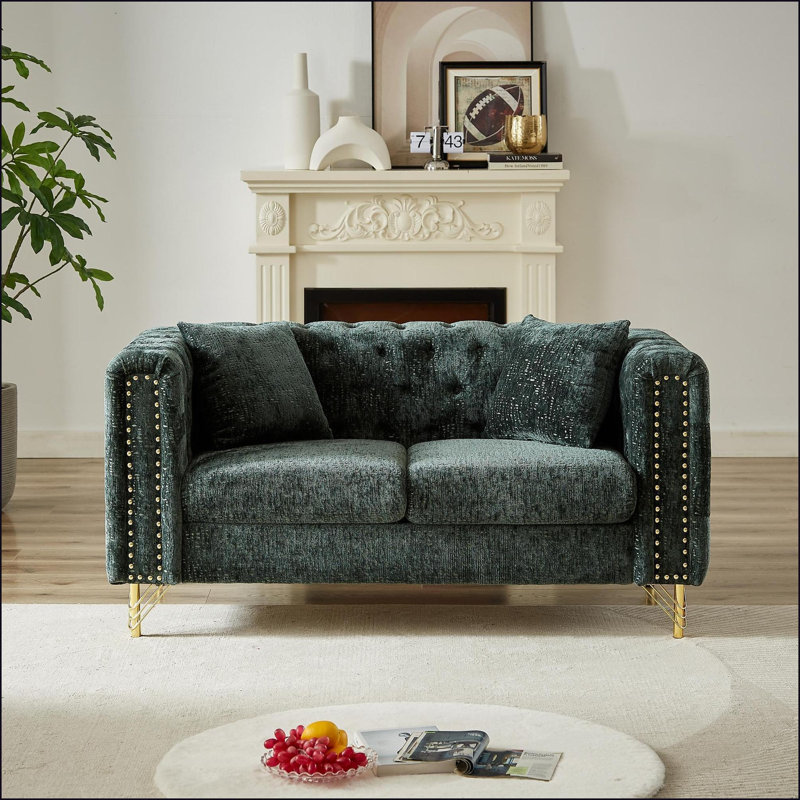 Canapés-lits, canapé en chenille moderne de 60 pouces avec capitonnage à boutons et amp; Garniture cloutée en cuivre | Chenille | Vert sauge