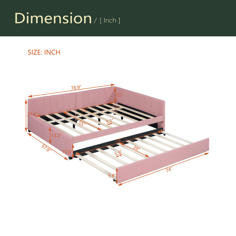 Upholstered Daybed Sofa Bed Frame No Box Spring Needed, Linen Fabric, Pink