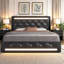 Élégant cadre de grand lit avec lumières DEL, ports de chargement USB et tête de lit à losanges - aucun sommier nécessaire, noir-902756279-902784590