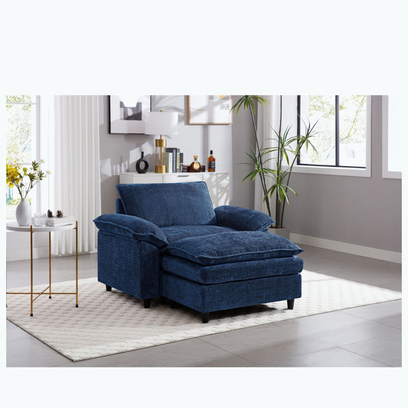 Chenille Upholstered Oversized  Armchair with Ottoman, Blue Chenille
