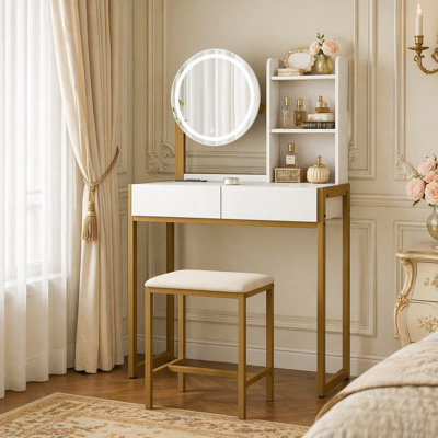 Small Vanity Desk with Mirror and Lights, Makeup Vanity Table with LED Mirror, 3 Lighting Modes, Power Outlet, Drawer, Open Shelves and Cushioned Stool for Bedroom